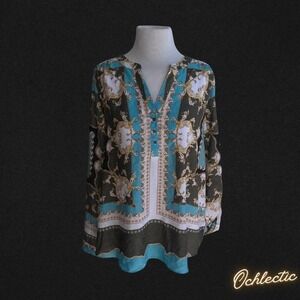 NWT Zac & Rachel blue and brown long sleeve blouse